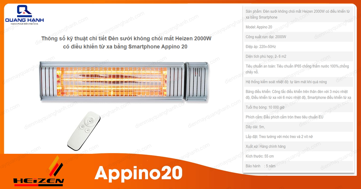 Thông số kỹ thuật của đèn sưởi nhà tắm Heizen Appino 20.