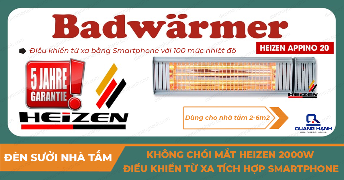 Đèn sưởi nhà tắm Heizen Appino 20 điều khiển từ xa bằng smartphone với chế độ nhiệt lên tới 100