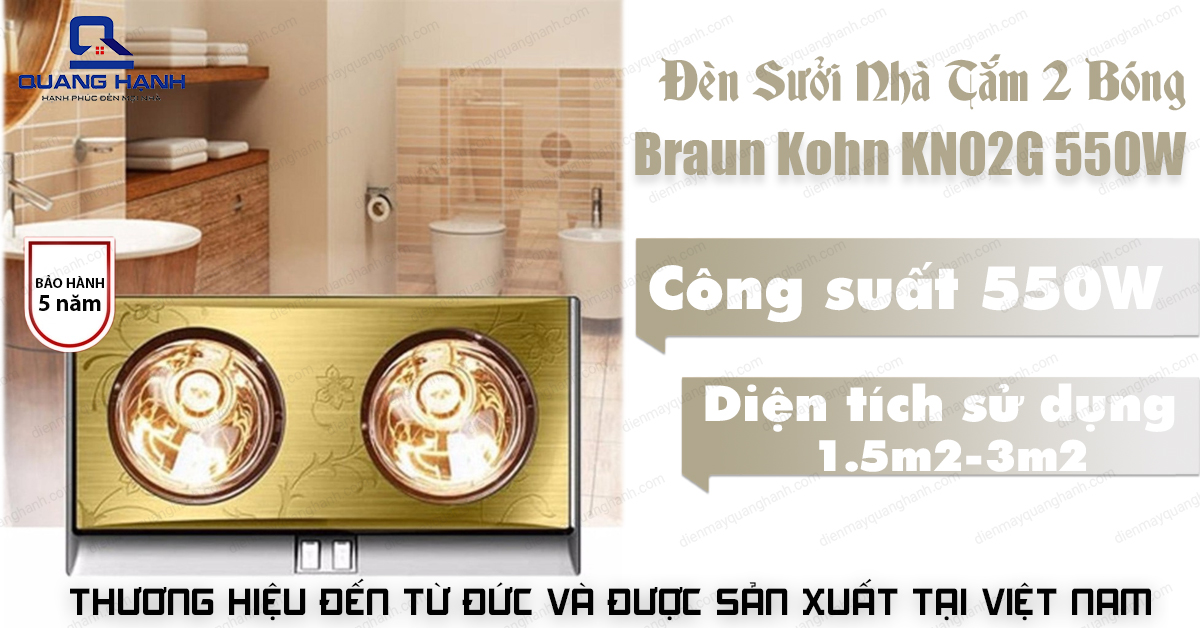 Braun Kohn KN02G là 1 trong những mẫu đèn sưởi nhà tắm treo tường đáng mua và được ưa chuộng nhất.