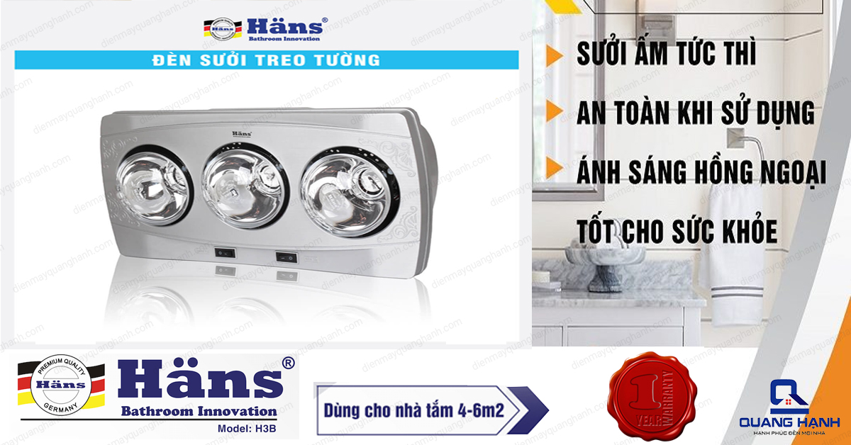 Đèn sưởi nhà tắm Hans 3 bóng H3B sưởi ấm tức thì, an toàn khi sử dụng, sử dụng ánh sáng hồng ngoại để làm ấm có lợi cho sức khỏe.