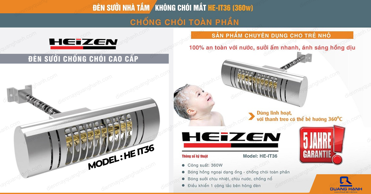 Đèn sưởi nhà tắm Heizen HE-IT36 sử dụng linh hoạt với thanh treo bẻ 360 độ