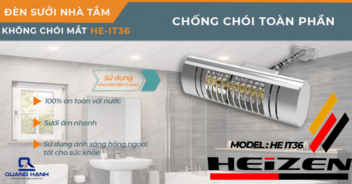 Đèn sưởi nhà tắm Heizen HE-IT36 chống chói toàn phần 100% an toàn với nước, sưởi ấm nhanh, sưởi ấm bằng ánh sáng hồng ngoại, phù hợp cho phòng từ 2-4m2.