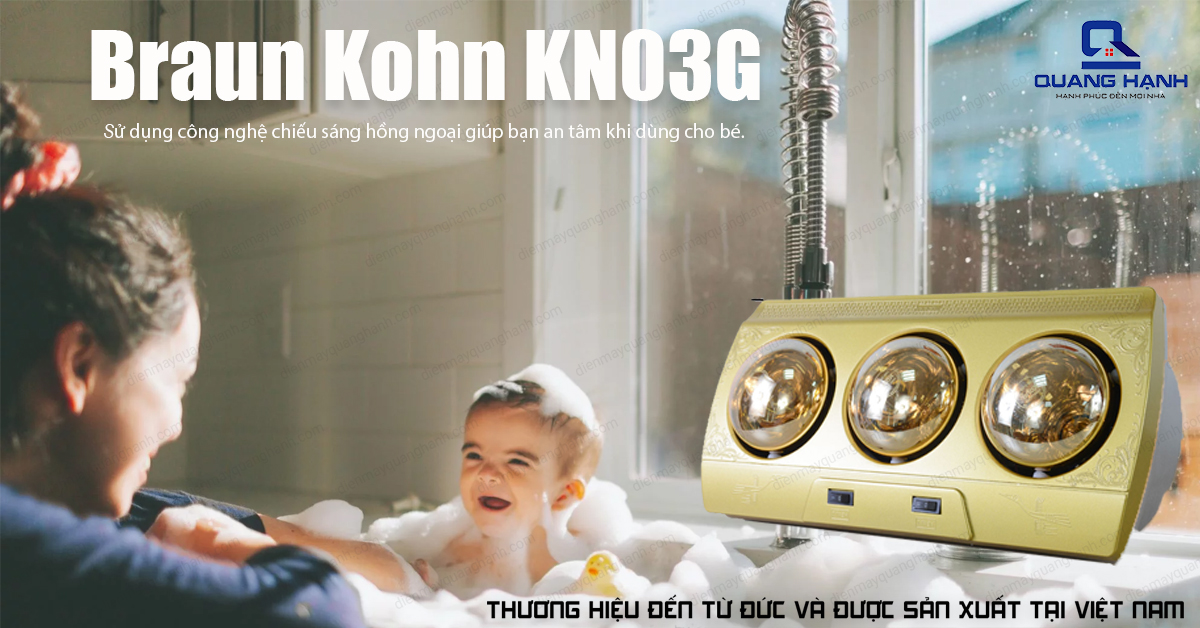 Đèn sưởi nhà tắm Kohn KN03G 825W sử dụng công nghệ chiếu sáng hồng ngoại giúp bạn an tâm khi dùng cho bé.