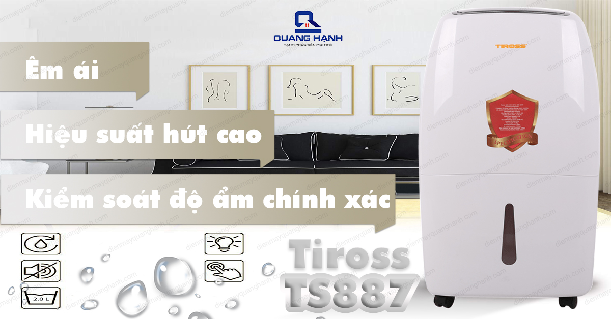 Máy hút ẩm Tiross TS887 hoạt động êm ái, hiệu suất hút cao cùng khả năng kiểm soát độ ẩm chính xác.
