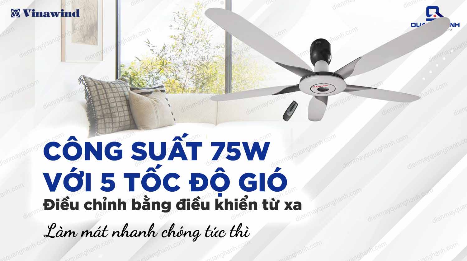 Quạt trần Vinawind QT1500X có 5 tốc độ gió tùy chỉnh theo nhu cầu sử dụng