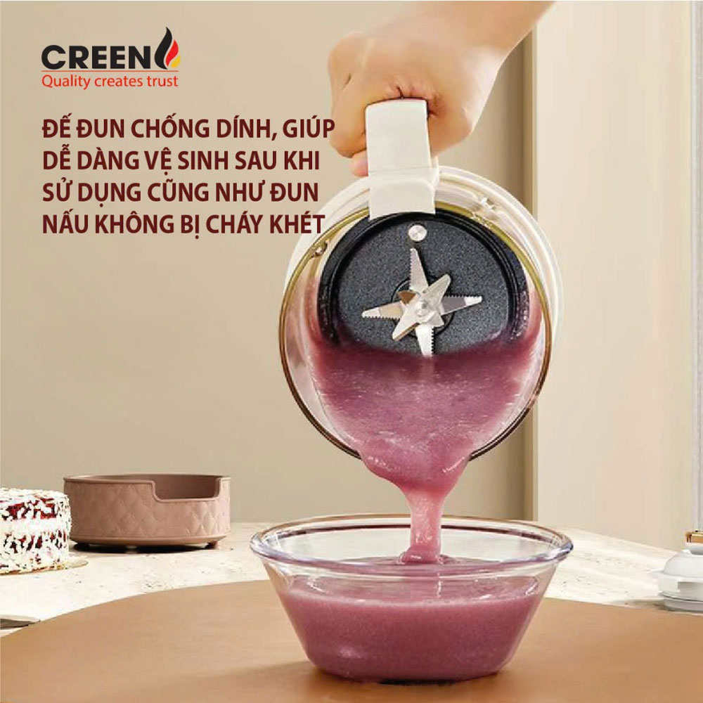 Máy làm sữa hạt Creen CR-600 có đế đun chống dình, giúp dễ dàng vệ sinh sau khi sử dụng