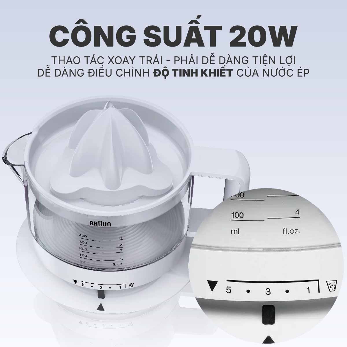 Máy vắt cam Braun CJ3000WH sở hữu công suất 20W