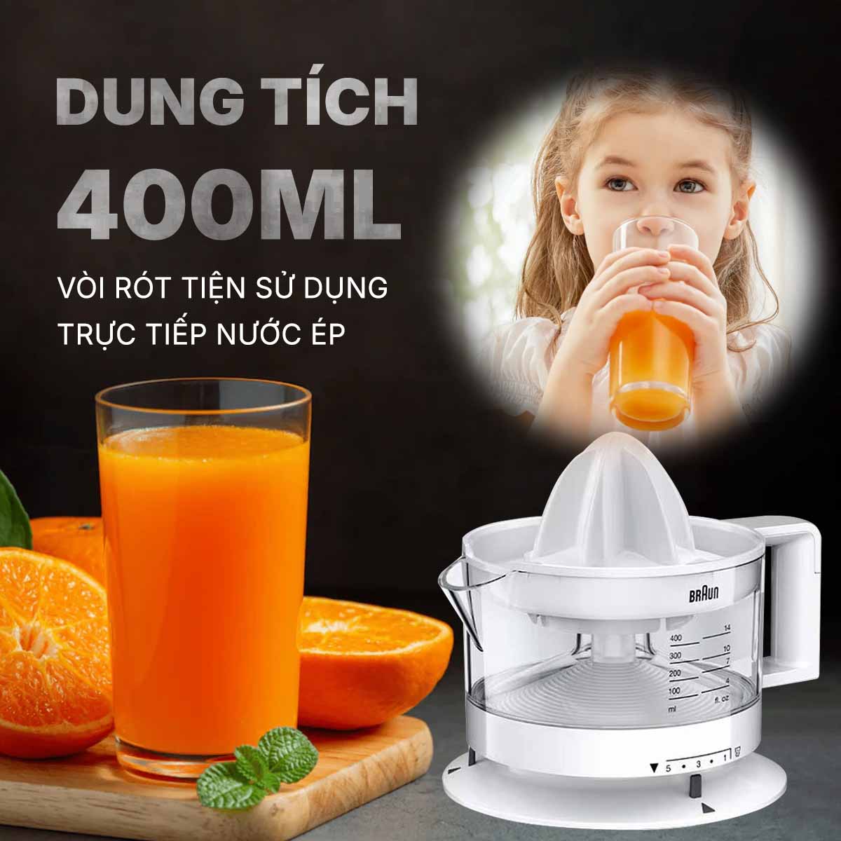Máy vắt cam Braun CJ3000WH với dung tích bình 400ml