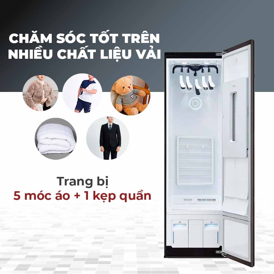 Máy giặt hấp sấy LG S5MBPU được thiết kế với giá treo thế hệ mới