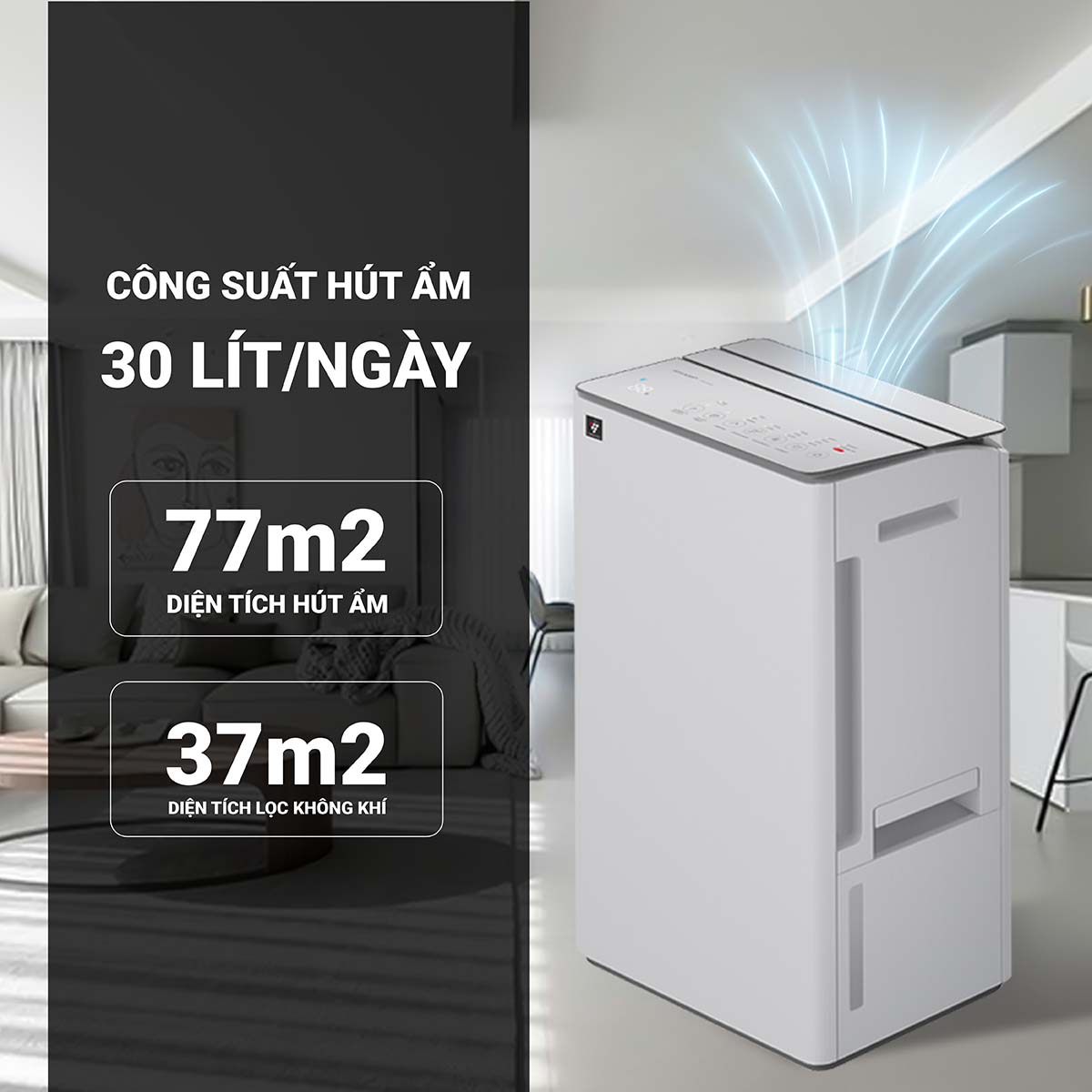 Sharp DW-T30FV-W có công suất hút ẩm mạnh mẽ 30L/ngày