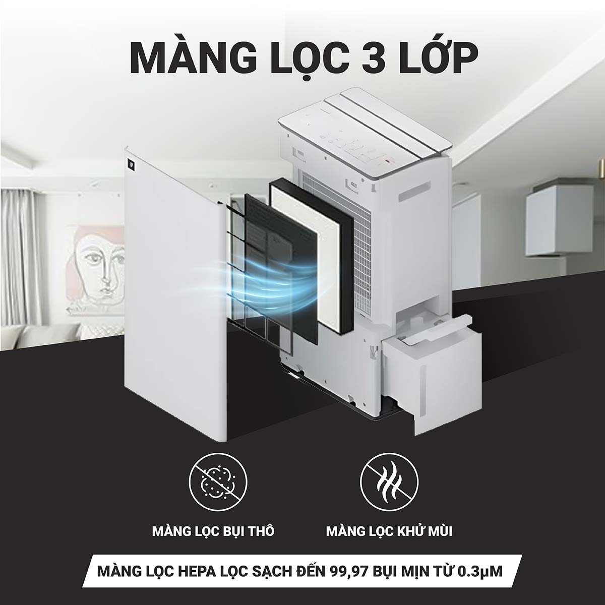 Máy lọc không khí và hút ẩm Sharp DW-T30FV-W trang bị bộ lọc 3 lớp hiện đại