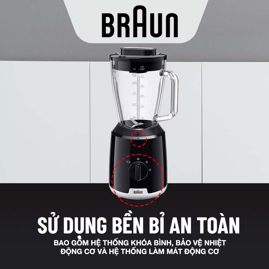 Máy xay sinh tố Braun JB1015BK vận hành êm ái, an toàn