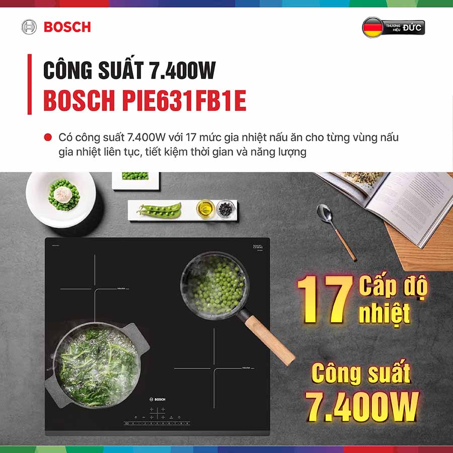 Bếp từ Bosch PIE631FB1Ecó tổng công suất 7400W