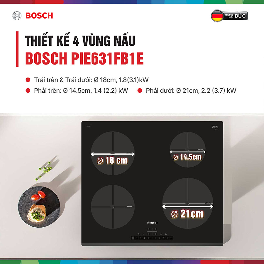 Bếp từ Bosch PIE631FB1E thiết kế 4 vùng nấu