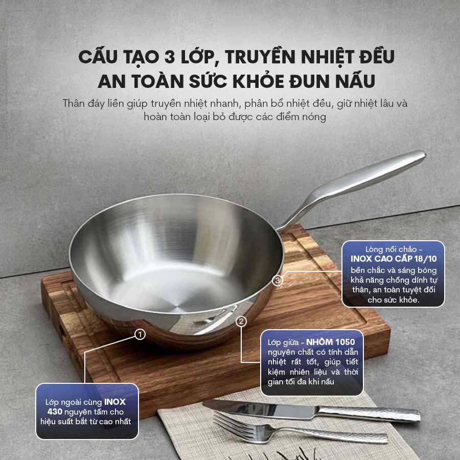 Chảo Inox sâu lòng đáy liền Tri-Ply Kaiyo KIW24 size 24cm không nắp QH242117 2