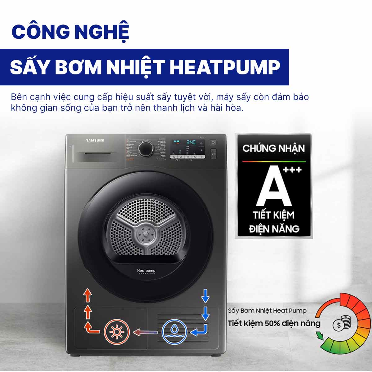 Máy sấy bơm nhiệt Samsung Inverter 9 kg DV90TA240AX/SV