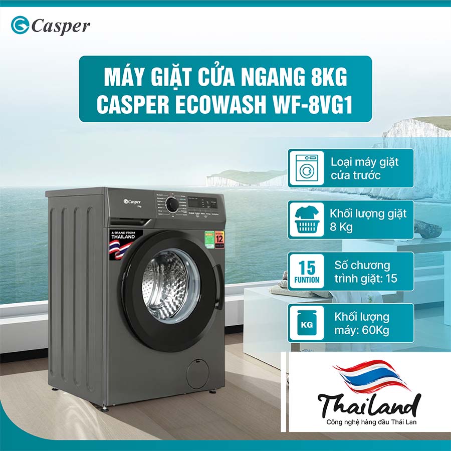 Máy giặt cửa ngang Casper 8kg EcoWash WF-8VG1