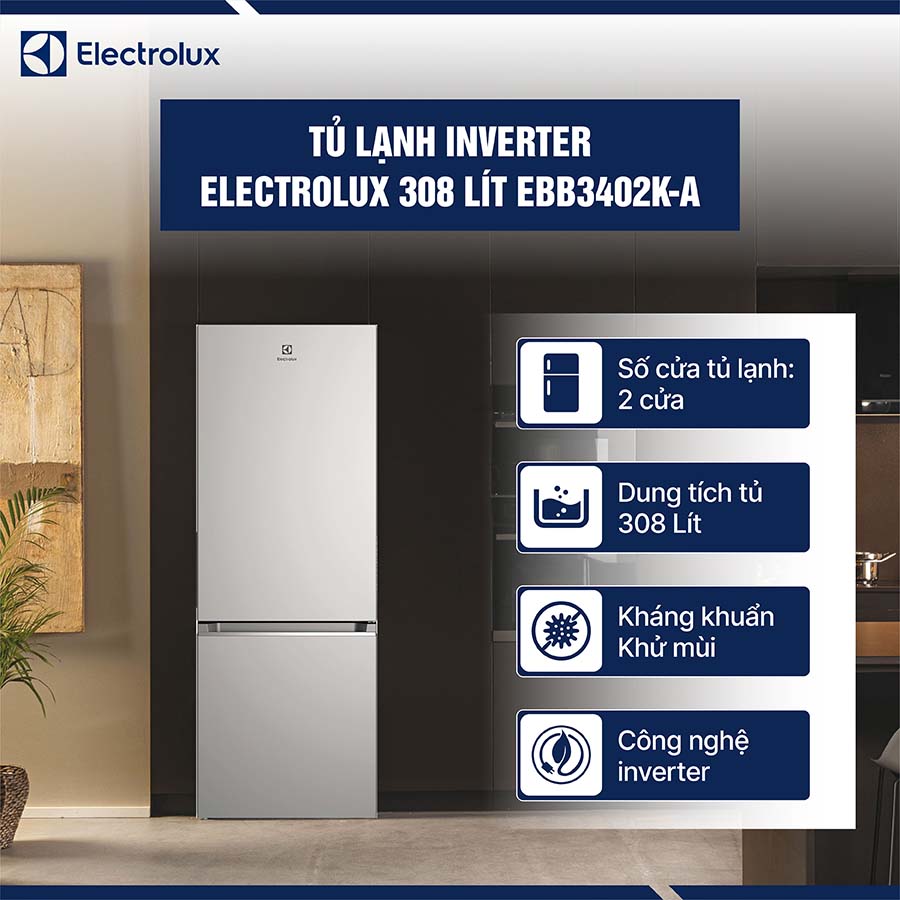 Tủ lạnh Electrolux Inverter 308 lít EBB3402K-A