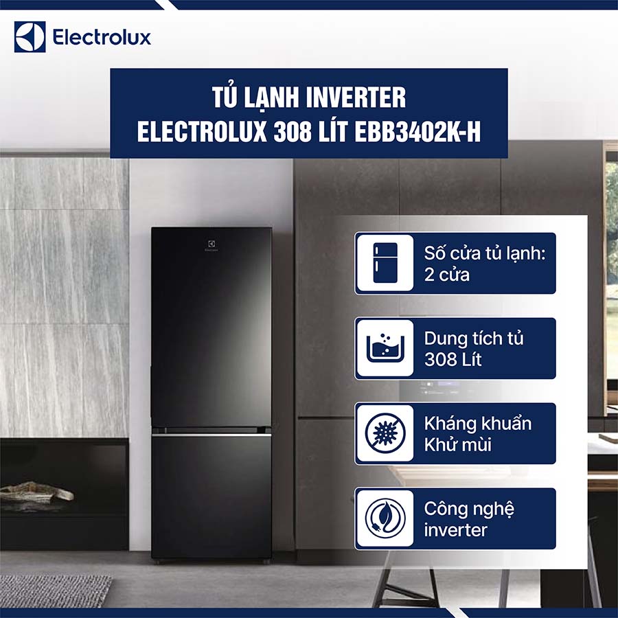 Tủ lạnh Electrolux Inverter 308 Lít EBB3402K-H