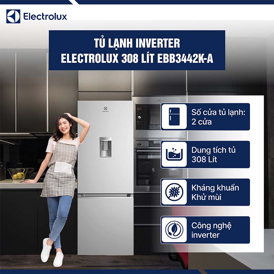 Tủ lạnh Electrolux Inverter 308 lít EBB3442K-A