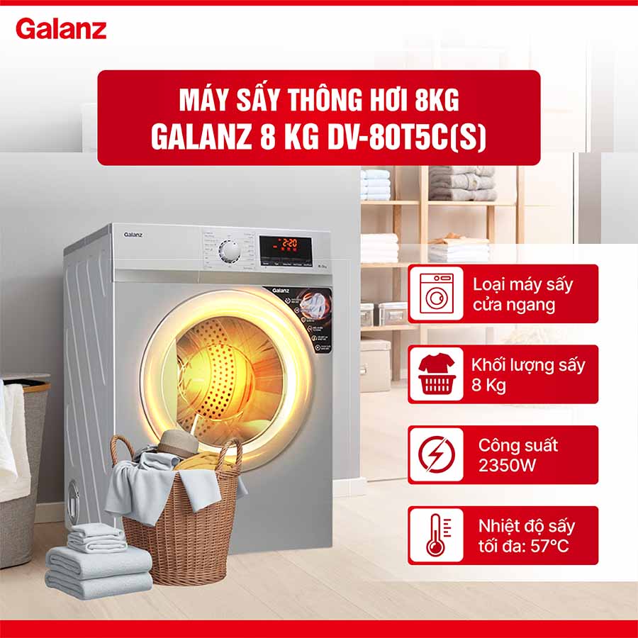 Máy sấy thông hơi Galanz 8 kg DV-80T5C(S)