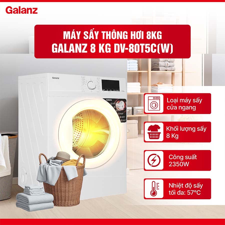 Máy sấy thông hơi Galanz 8 Kg DV-80T5C(W)