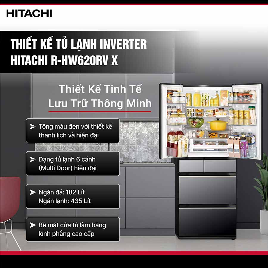 Tủ lạnh Hitachi Inverter 617 lít Multi Door R-HW620RV X