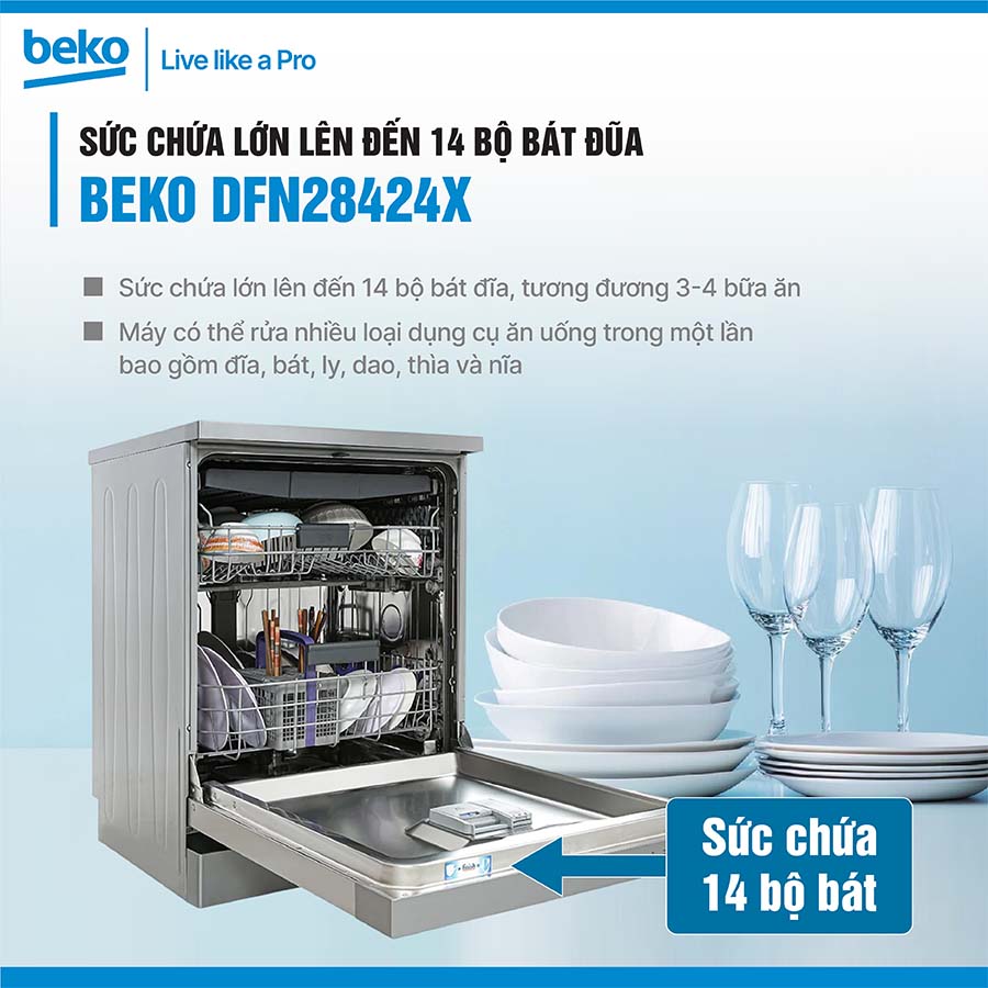 Máy rửa bát độc lập Beko DFN28424X 14 bộ