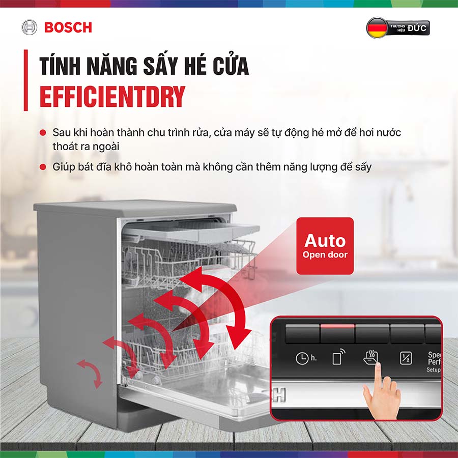 Tính năng sấy hé cửa EficientDry giúp bát đĩa khô hơn
