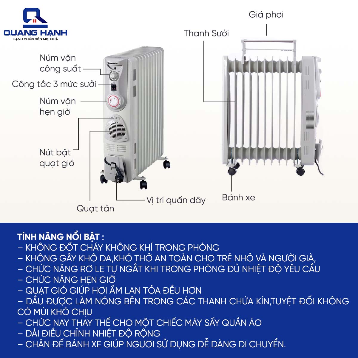 Máy sưởi dầu Tiross 11 thanh TS920 có hẹn giờ QH1146 1