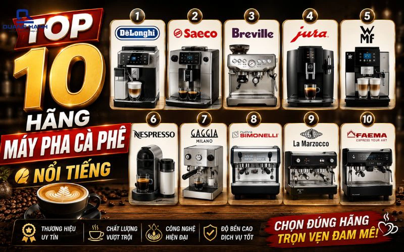 Top 10 các hãng máy pha cà phê nổi tiếng được yêu thích hiện nay