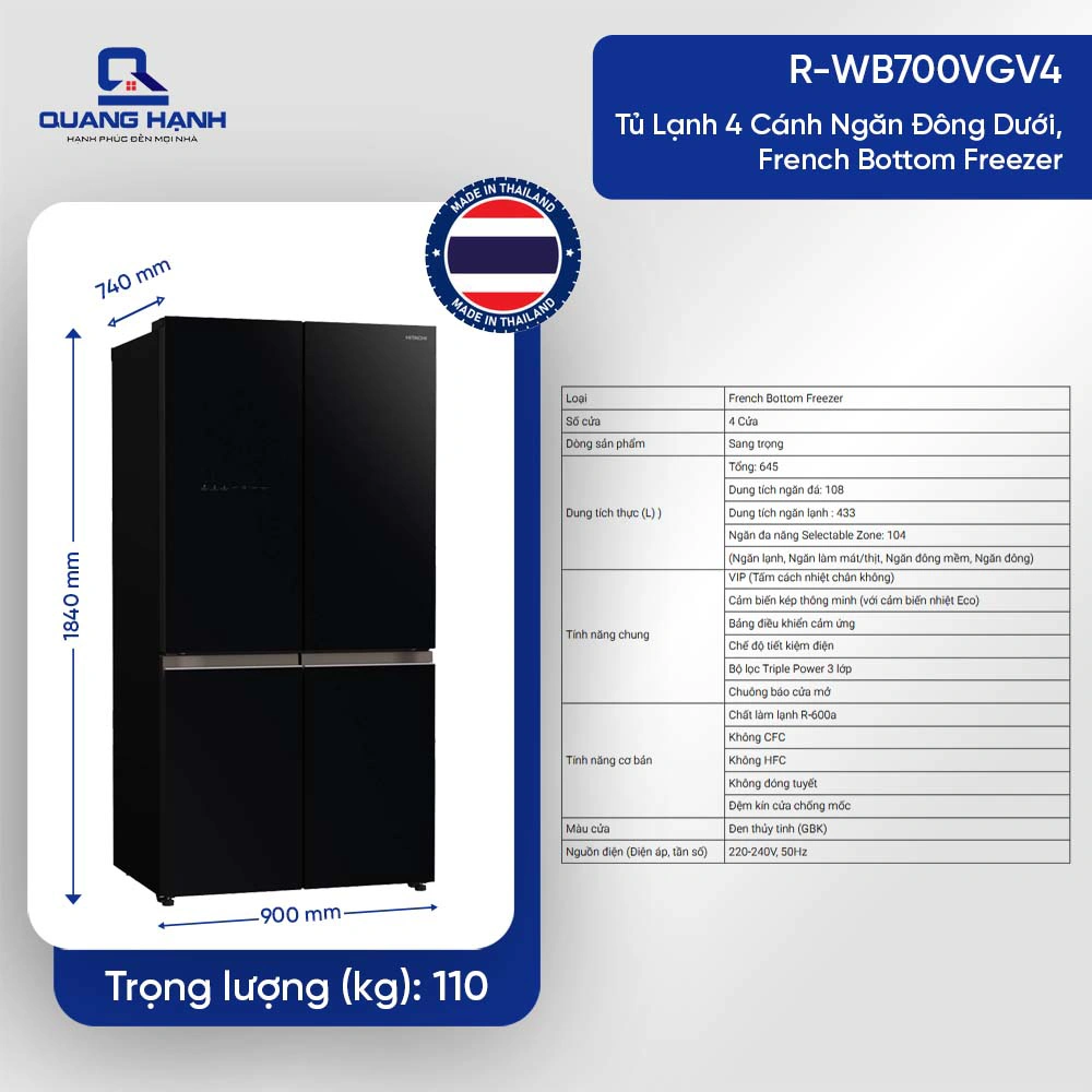 Tủ lạnh Hitachi Inverter 645 lít Multi Door R-WB700PGV4 GBK QH246565 1