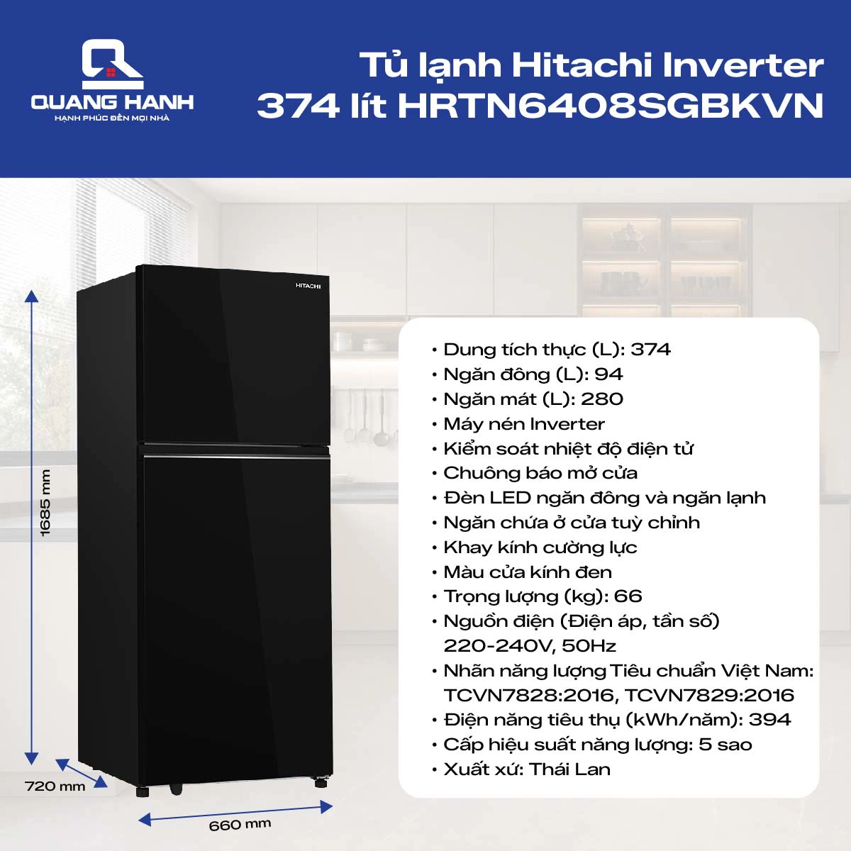 Tủ lạnh Hitachi Inverter 374 lít HRTN6408SGBKVN QH245550 1