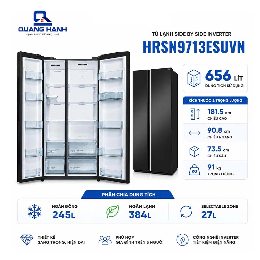 Tủ lạnh Side by Side Hitachi Inverter 656 lít HRSN9713ESUVN QH247628 1