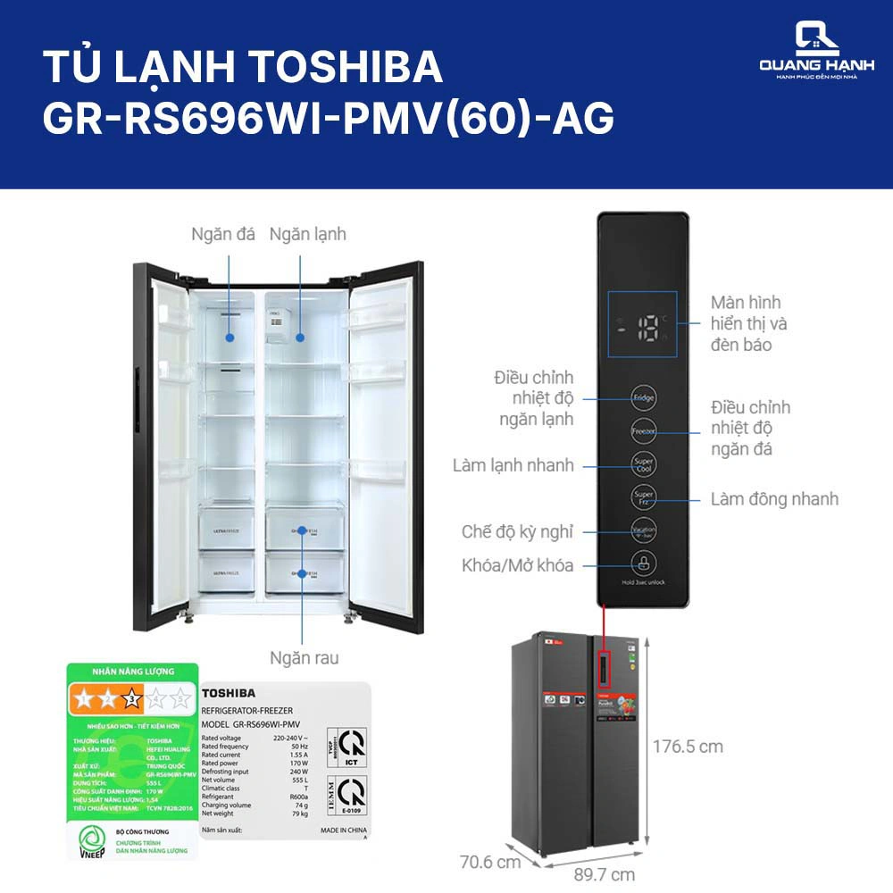 Tủ lạnh Side By Side Inveter 555 lít Toshiba GR-RS696WI-PMV(60)-AG QH245522 1