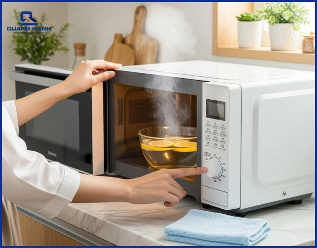 Dùng khăn lau khoang lò sau khi làm sạch bằng giấm