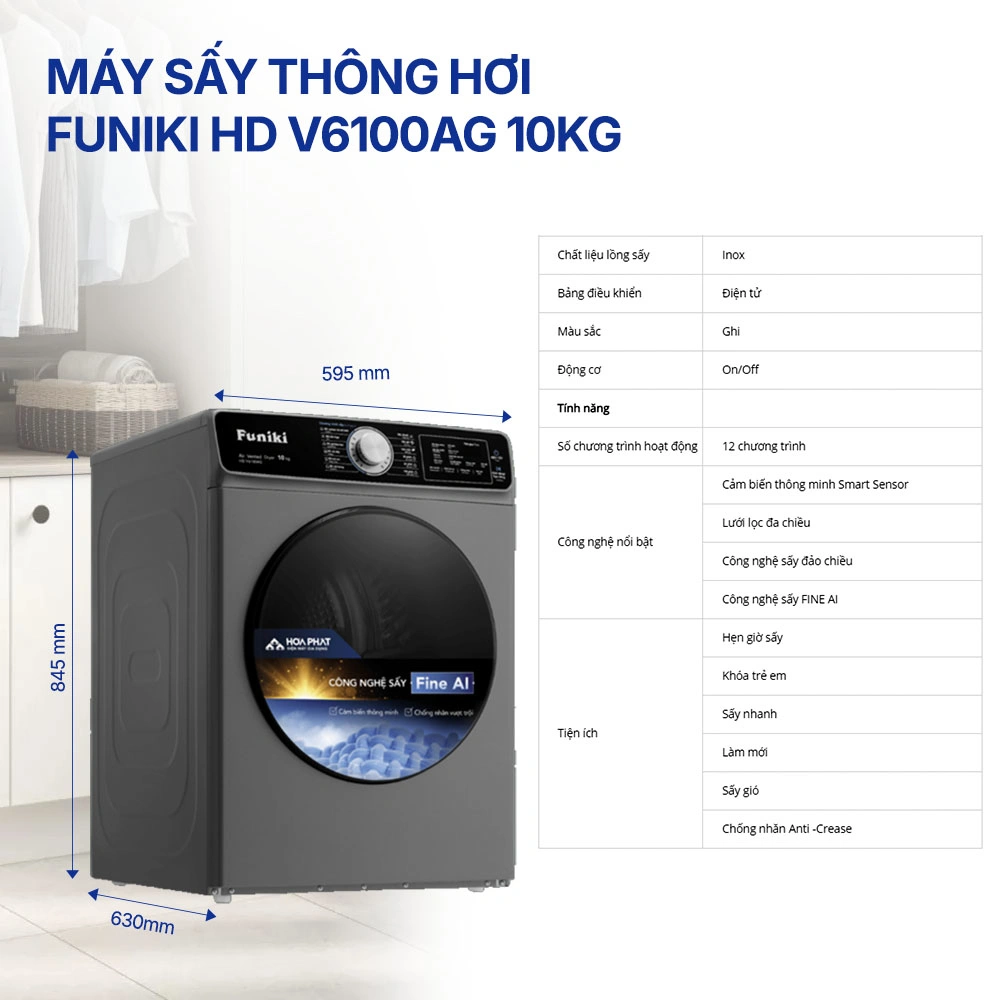 Máy sấy thông hơi Funiki HD V6100AG 10kg QH247599 1