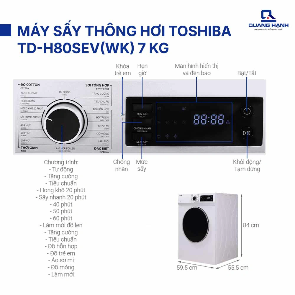 Máy sấy thông hơi Toshiba TD-H80SEV(WK) 7 kg QH242123 1