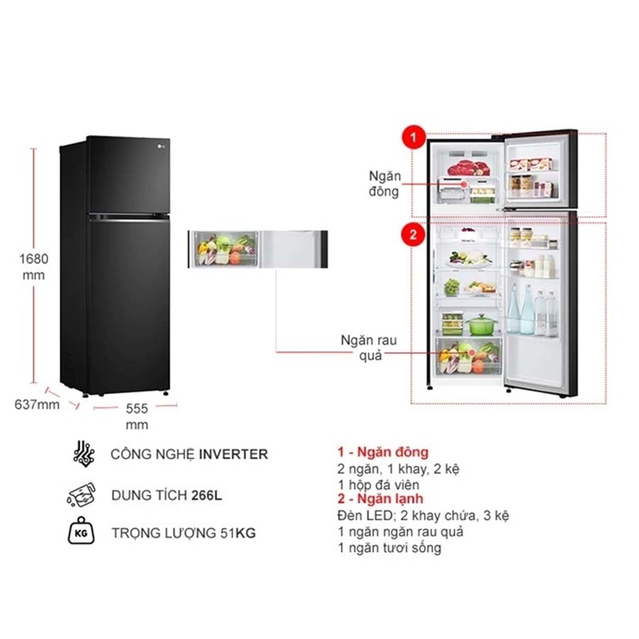 Tủ lạnh LG Inverter 266 lít LTB26BLM QH246029 1