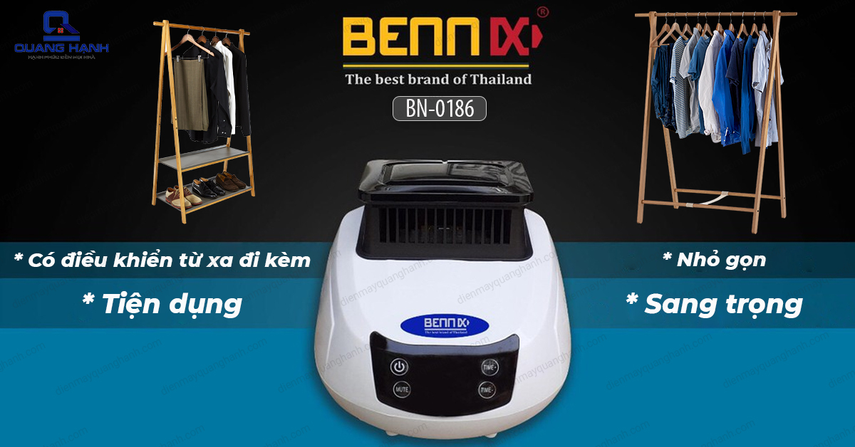 Máy sấy quần áo Thái Lan Bennix BN0186 có điều khiển từ xa đi kèm, tiện dụng, nhỏ gọn, sang trọng.