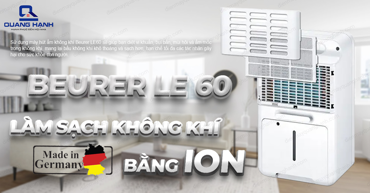 Máy hút ẩm Beurer LE 60 trang bị công nghệ làm sạch không khí bằng ion giúp đảm bảo diệt khuẩn, bụi khói trong không khí.