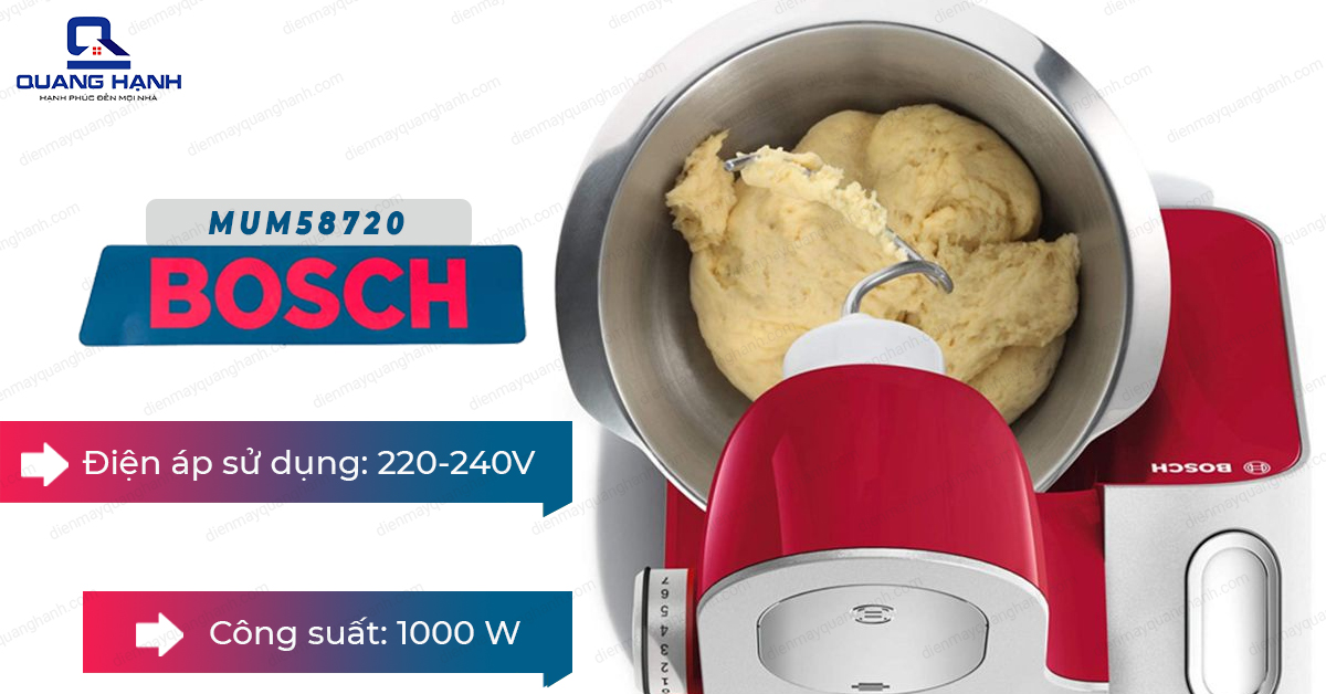 Máy trộn bột đa năng Bosch MUM 58720 có điện áp sử dụng là 220v-240v cùng công suất 1000w mạnh mẽ