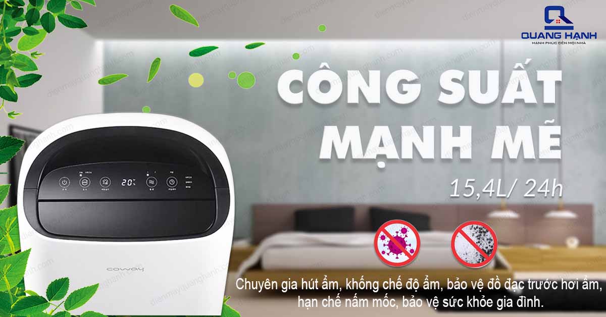 Máy hút ẩm Coway AD-1615A có công suất mạnh mẽ 15.4l/24h tiêu diệt vi khuẩn và nấm mốc trong không khí.