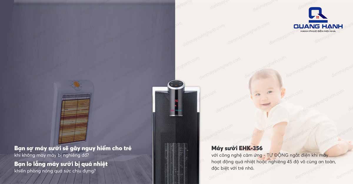 Máy sưởi tháp Korihome EHK-356 tự động ngắt khi máy quá nhiệt hoặc nghiêng đổ cùng các tính năng hiện đại, tiện ích nhưng cũng vô cùng dễ sử dụng.