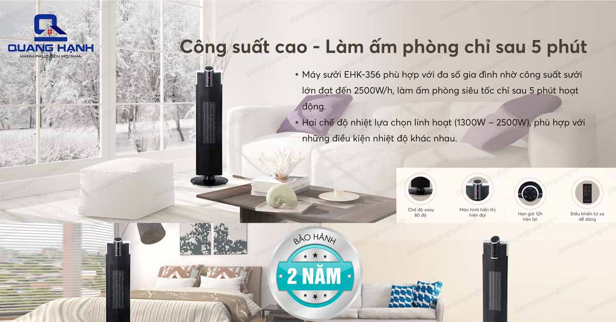 Máy sưởi tháp Korihome EHK-356 có công suất mạnh mẽ nên làm ấm phòng trong thời gian vô cùng nhanh chóng.