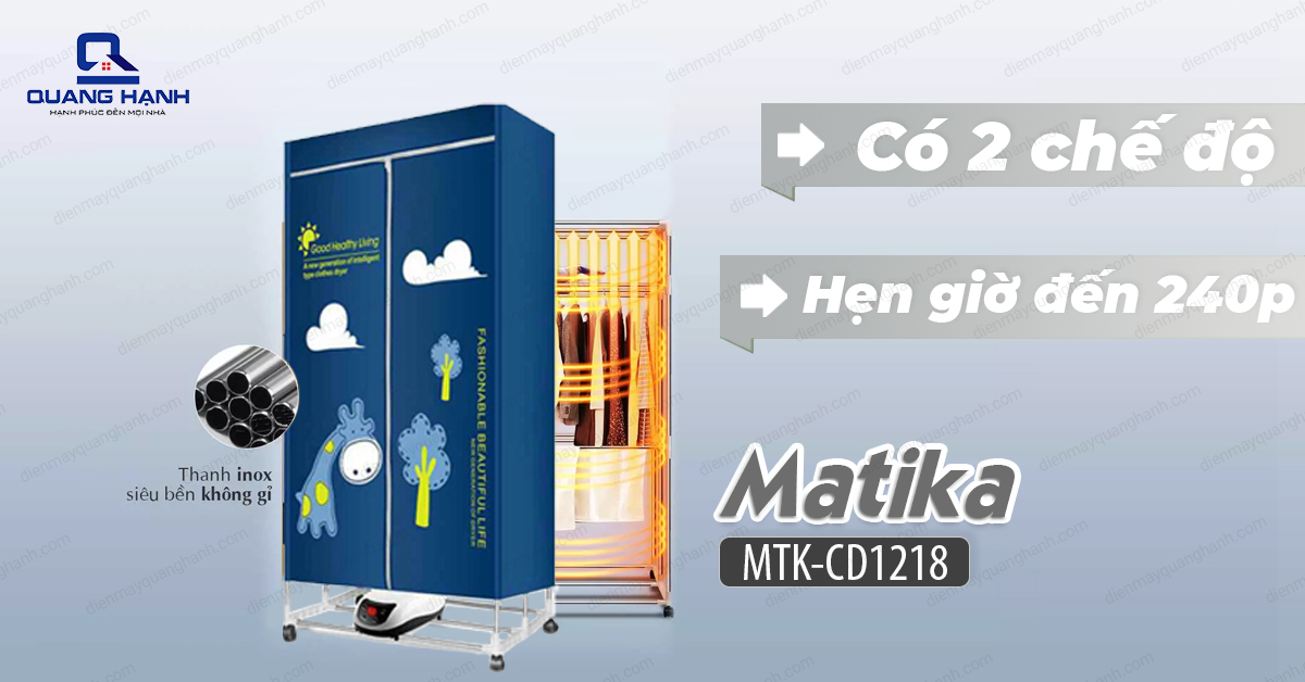 Tủ sấy quần áo Matika MTK-CD1218 trang bị chế độ hẹn giờ lên tới 240p vô cùng tiện dụng cùng 2 chế độ sấy.