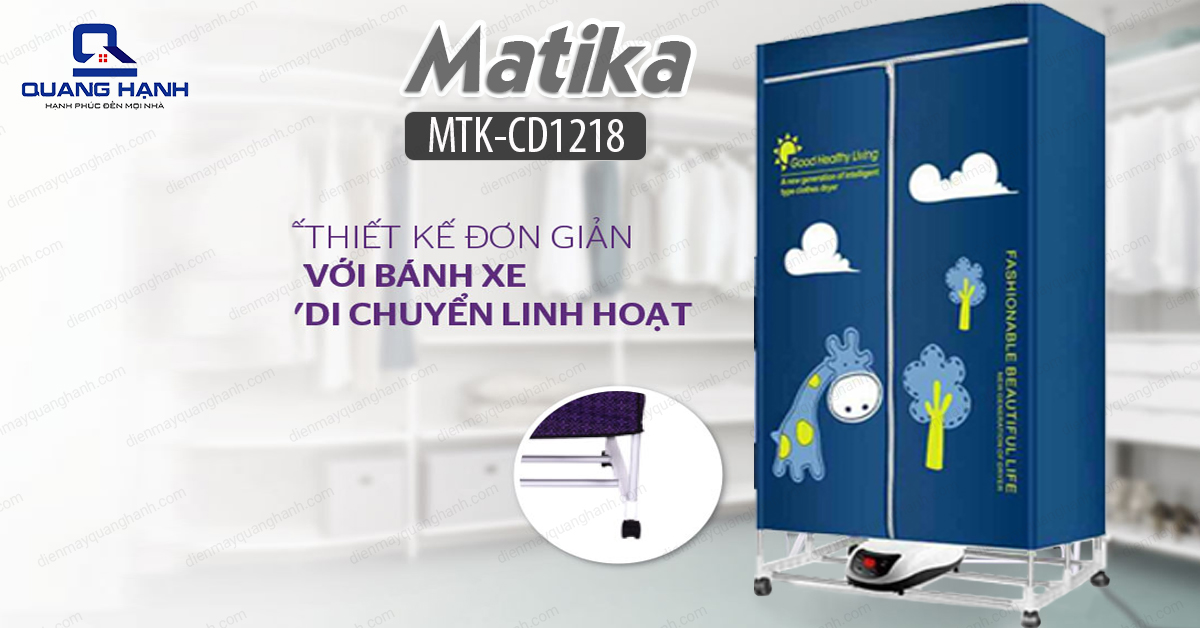 Tủ sấy quần áo Makita MTK-CD1218 thiết kế đơn giản với bánh xe di chuyển linh hoạt, dễ dàng.