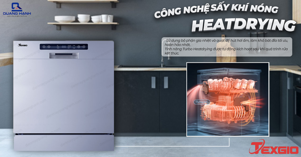 Texgio Dishwasher TG-DT2028 - 8 Bộ Sấy Khí Nóng được trang bị công nghệ sấy Turbo Heat Drying đảm bảo cho bát đĩa nhà bạn luôn khô ráo.