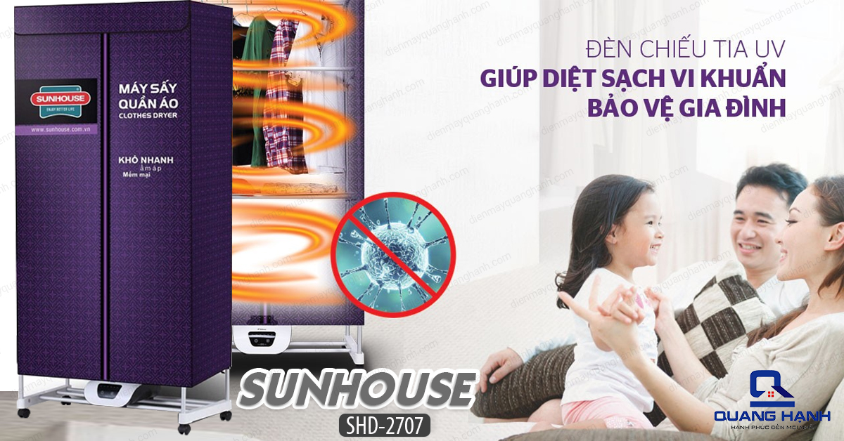 Máy sấy quần áo Sunhouse SHD2707 được trang bị đèn chiếu tia UV giúp tiêu diệt vi khuẩn và khử mùi hôi quần áo.