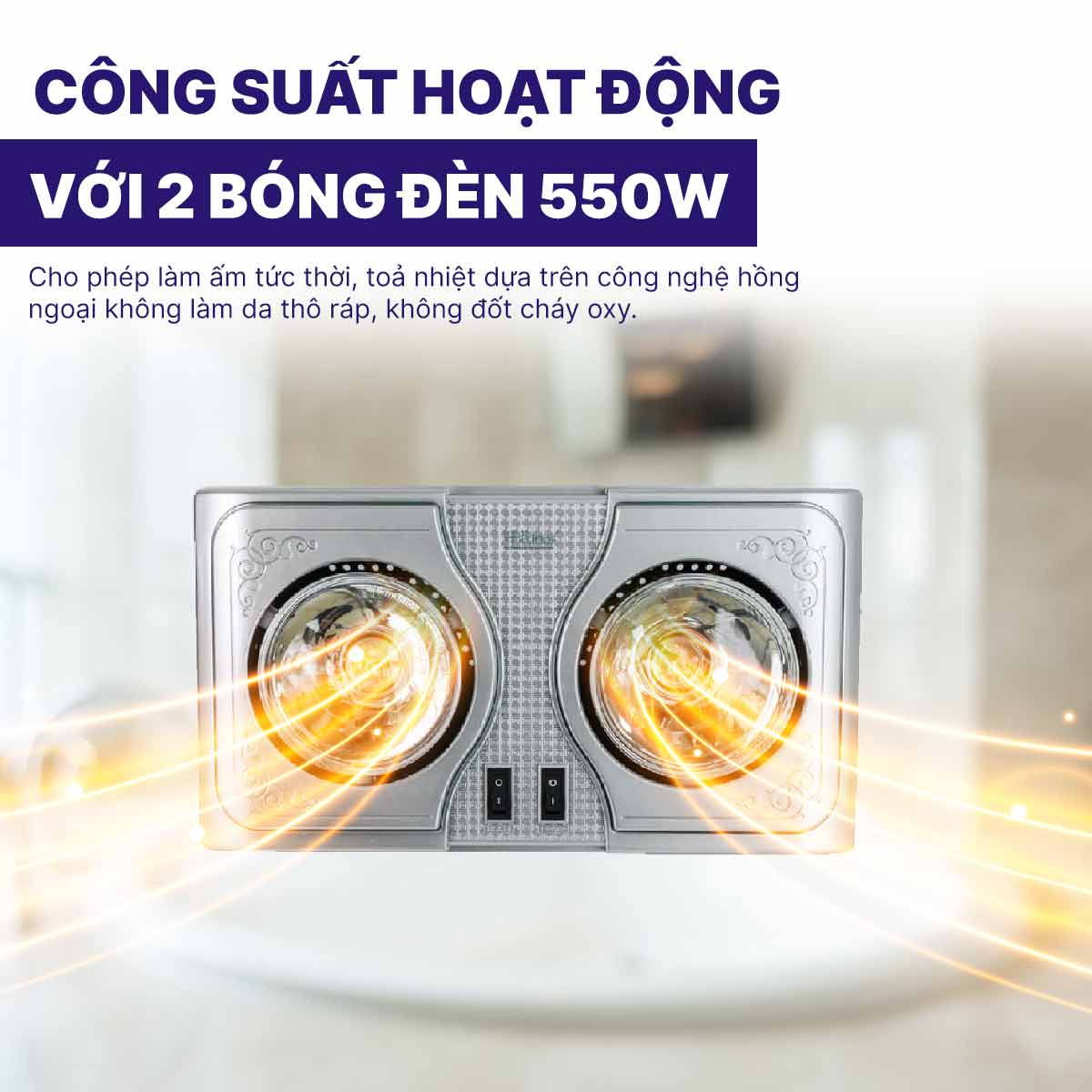 Đèn sưởi nhà tắm Hans 2 bóng H2B